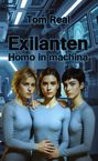 "Tom Real Exilanten Homo in machina". Drei Frauen in grauen Anzügen stehen in einem futuristischen Raum.