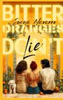BITTER ORANGES DON'T LIE, Joana Navarro. Illustration: Drei Personen von hinten, Hund und Orangen umgeben von Pflanzen.