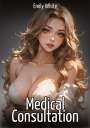 "Medical Consultation" und "Emily White". Eine Illustration einer Frau mit langen Haaren in einem weißen Outfit.
