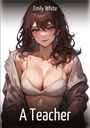Text: "Emily White" oben, "A Teacher" unten. Anime-Stil-Darstellung einer Frau mit braunem Haar, violetten Augen, smaragdgrünen Ohrringen.