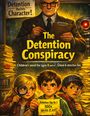 "The Detention Conspiracy", Kinderroman ab 8 Jahren. Illustration: Drei Kinder mit entschlossenem Blick, älterer Mann mit Klemmbrett.