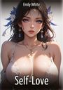 "Emily White" oben, "Self-Love" unten zu sehen. Illustration einer Frau mit Blumen im Haar und Schmuck.