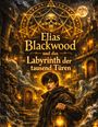 Text: "Elias Blackwood und das Labyrinth der tausend Türen." Illustration: Junge mit Laterne vor mystischem, Tür-reichem Hintergrund.