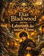 "Elias Blackwood und das Labyrinth der tausend Türen." Junge mit Laterne, mystischer Hintergrund, Schädel und Symbole.