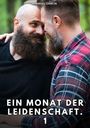 „Ein Monat der Leidenschaft. 1“ steht über zwei sich zärtlich anblickenden Männer mit Bärten im Wald.