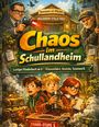 Buchcover: "Chaos im Schullandheim". Teamarbeit-Thema. Illustration: Kinder mit Koffern, ein Mann mit Gadget, und ein altes Haus.