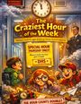 Eine Illustration mit Texten wie: "The Craziest Hour of the Week", "Special Hour Thursday Only", und "The Hour Counts Double!". Kinder und ein Mann sind dargestellt, mit einem symbolhaften Wecker und Papieren.