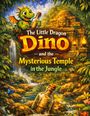 "The Little Dragon Dino and the Mysterious Temple in the Jungle"; Illustration eines grünen Drachens mit Flasche im Dschungel.