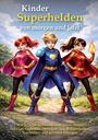 Kinder Superhelden von morgen und jetzt. Drei Kinder in farbenfrohen Superhelden-Kostümen mit Landschaft im Hintergrund.