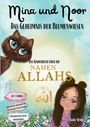 "Mina und Noor: Das Geheimnis der Blumenwiesen" zeigt ein Kind und eine Katze in einer blumigen Landschaft.