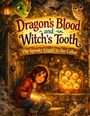 Text: "Dragon's Blood and Witch's Tooth: The Spooky Giggle in the Cellar." Mädchen mit Taschenlampe, Glas mit leuchtenden Gesichtern.