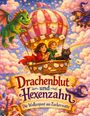 „Drachenblut und Hexenzahn: Die Wolkenpost aus Zuckerwatte“ ist eine farbenfrohe Illustration mit Ballon, Kindern und Drachen.
