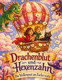 "Drachenblut und Hexenzahn: Die Wolkenpost aus Zuckerwatte." Zwei Kinder in einem Heißluftballon, mit Drache und Katze.