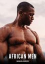 Text: "AFRICAN MEN" "MANUEL GARCÍA". Ein muskulöser Mann, sein Körper glänzt und ist detailliert in Szene gesetzt.