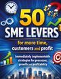 "50 SME Levers for more time, customers and profit. Immediately implementable strategies for processes, growth and profitability." Visuelle Elemente: Uhr, Zahnräder, Magnet, Diagramm, Zielscheibe, Skyline.