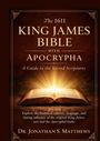 Text: "The 1611 King James Bible with Apocrypha: A Guide to the Sacred Scriptures". Buch mit leuchtenden Seiten vor dunklem Hintergrund.