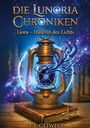 „Die Lunoria Chroniken: Liora – Hüterin des Lichts.“ Antike Laterne mit blauer Energie auf einem Buch, kosmische Umgebung.
