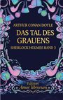"Arthur Conan Doyle, Das Tal des Grauens, Sherlock Holmes Band 3." Bunte Illustration mit Sherlock-Holmes-Motiven.
