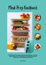 "Meal Prep Kochbuch" oben, darunter stapeln sich Essensboxen, ein Airfryer. Bunte Essensbilder rechts.