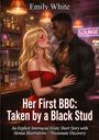 Text: "Emily White, Her First BBC: Taken by a Black Stud." Illustration eines Paares in einer Bar, intensiver Blickkontakt.