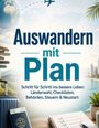 Text: "Auswandern mit Plan. Schritt für Schritt ins bessere Leben: Länderwahl, Checklisten, Behörden, Steuern & Neustart." Umgebung: Tropische Landschaft mit Koffer, Notizblock, Wegweiser und Skyline.