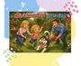 "Mein kleines Kind - ganz Groß". Eine Illustration zeigt Eltern und Kind, die fröhlich mit einem Hund spielen.