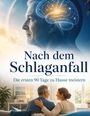 "Nach dem Schlaganfall: Die ersten 90 Tage zu Hause meistern." Oben Profilsicht eines Mannes mit Gehirnillustration. Unten sitzt ein älteres Paar auf einem Sofa in einem gemütlichen Raum.