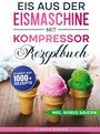 „Eis aus der Eismaschine mit Kompressor Rezeptbuch. Zugriff auf 1000+ Rezepte. Inkl. Bonus Saucen.“ Drei Eistüten.