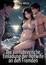 Titel: "Die Verführerische Einladung der Hotwife an den Fremden." Eine Illustration mit einem Paar am Strand bei Vollmond.