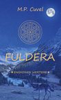 Text: "M.P. Cuvel", "FULDERA", "ENGADINER WERTIERE". Nachtlandschaft, Berge, Wald, Vollmond, ein Wolf. Sternenhimmel. Illustration.