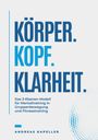 "Körper. Kopf. Klarheit." Text in blau, darunter Beschreibung des Modells, Autor: Andreas Kapeller. Design mit Punkten.