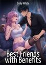 "Emily White. Best Friends with Benefits." Anime-Illustration: Mann und Frau auf einem Bett, intimer Moment in sanftem Licht.