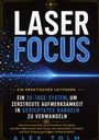 "LASER FOCUS" in großen Buchstaben, blauer Neonstil. Hintergrund: Lichtstrahlen und Punkte, wirkt futuristisch.