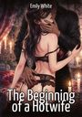 "Emily White, The Beginning of a Hotwife." Eine erotische Szene mit einem maskierten Paar in Dessous, umgeben von Kerzen.