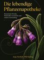 "Die lebendige Pflanzenapotheke" zeigt eine Illustration mit violetten Blüten und grünen Blättern auf dunklem Hintergrund.