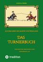 GUNDULA WESSEL, DAS TURNIERBUCH, Reiterkampf-Illustration, grüne und gelbe Schrift auf grünem Hintergrund.