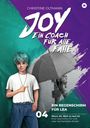 „Joy: Ein Coach für alle Fälle“ und „Ein Regenschirm für Lea“. Junge mit türkisfarbenem Haar zeigt auf den Text.