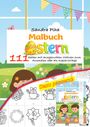 "Sandra Plha Malbuch Ostern" in bunten Buchstaben, "111 Seiten mit ausgesuchten Motiven." Fröhliches Kind mit Osterdeko.