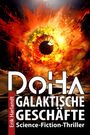 Ein großes, feuriges Auge mit Texten: "DoHA Galaktische Geschäfte" und "Science-Fiction-Thriller" von Erik Harlandt.