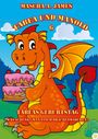 Ein fröhlicher, roter Drache mit Flügeln hält eine zweistöckige rosa Torte; blauer Himmel im Hintergrund.