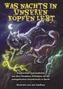 "Was nachts in unseren Köpfen lebt". Tiere in leuchtenden Farben rennen vor einem Mond und zeigen einen mystischen Wald.