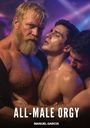 Texts: "ALL-MALE ORGY" und "MANUEL GARCÍA". Drei muskulöse Männer umarmen sich leidenschaftlich.