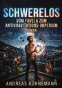 „SCHWERELOS: VOM FAVELA ZUM ANTIGRAVITATIONS-IMPERIUM“. Ein junger Mann mit leuchtendem Gerät, umgeben von schwebenden Trümmern.