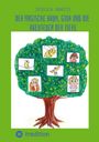 Titel: "Der magische Baum, Gina und die Abenteuer der Tiere." Bunte Zeichnung eines Baumes mit Tieren und Mädchen.
