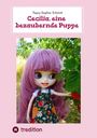 Titel: "Cecília, eine bezaubernde Puppe" von Topsy-Sophia Schmitt. Eine Puppe mit lila Haaren und Blumenkleid im Garten.