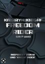 "Kathryn Knight: Freedom Rider, Gold Bird. Inspiriert von KI und 'Knight Rider'." Ein futuristisches Fahrzeug auf dunklem Hintergrund.