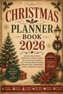 „Christmas Planner Book 2026“ mit Listen und Tipps für Feiertage. Illustration mit Baum, Geschenken und Briefkasten.