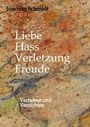 "Joachim Schmidt, Liebe Hass Verletzung Freude, Verlieben und Vernichten" auf abstraktem, farbigem Hintergrund.
