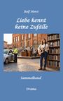 Text: „Rolf Horst, Liebe kennt keine Zufälle, Sammelband, Drama.“ Eine Frau spielt Gitarre neben einem Bücherregal.