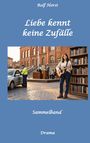 Buchtitel: "Liebe kennt keine Zufälle". Sammelband, Genre: Drama. Frau mit Gitarre vor Bücherregal, Szene auf Marktplatz.